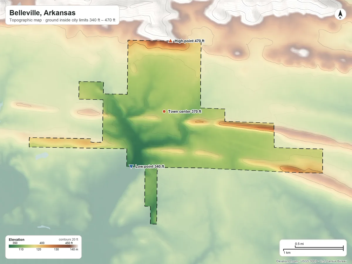 Topographic elevation map of Belleville, Arkansas, shaded from 340 ft on the southwest side to 470 ft on the north side