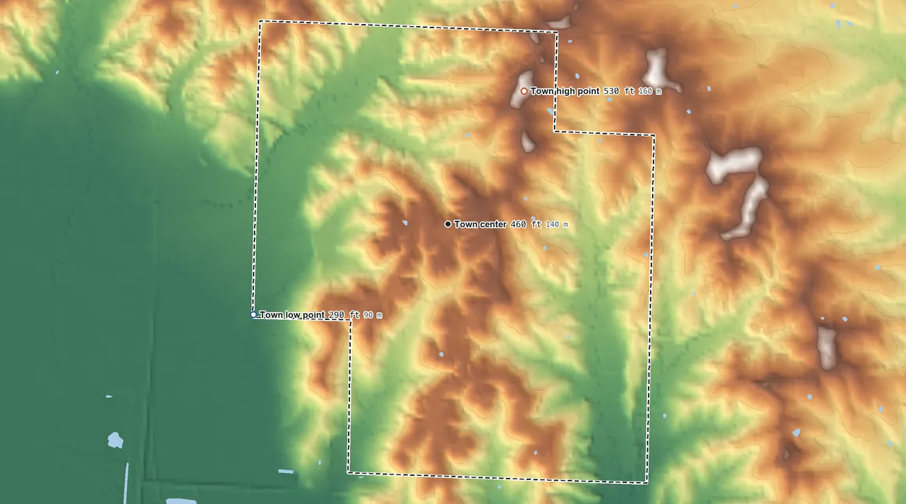 Topographic elevation map of Ben Lomond, Arkansas, shaded from 290 ft on the southwest side to 530 ft on the northeast side