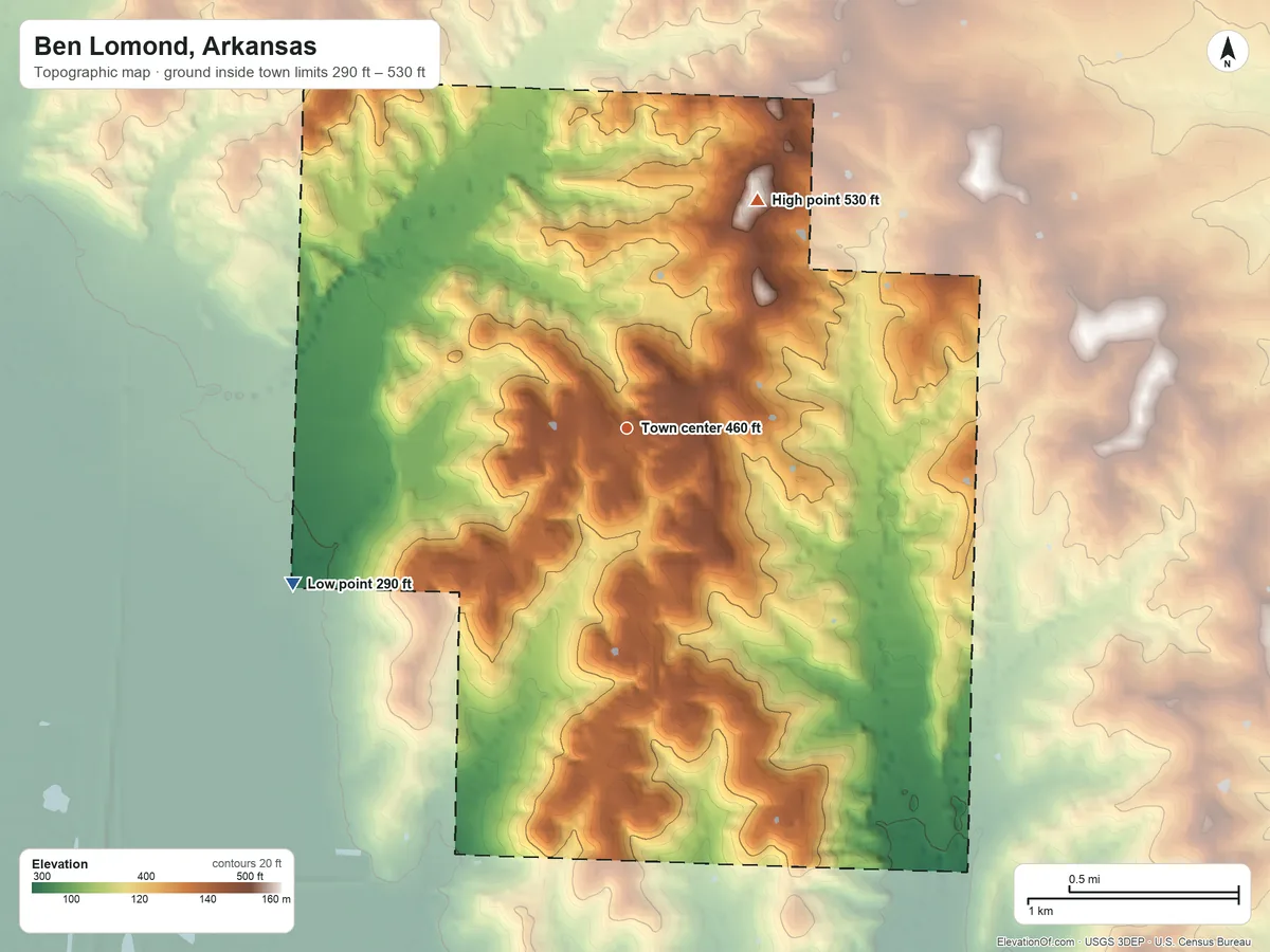 Topographic elevation map of Ben Lomond, Arkansas, shaded from 290 ft on the southwest side to 530 ft on the northeast side