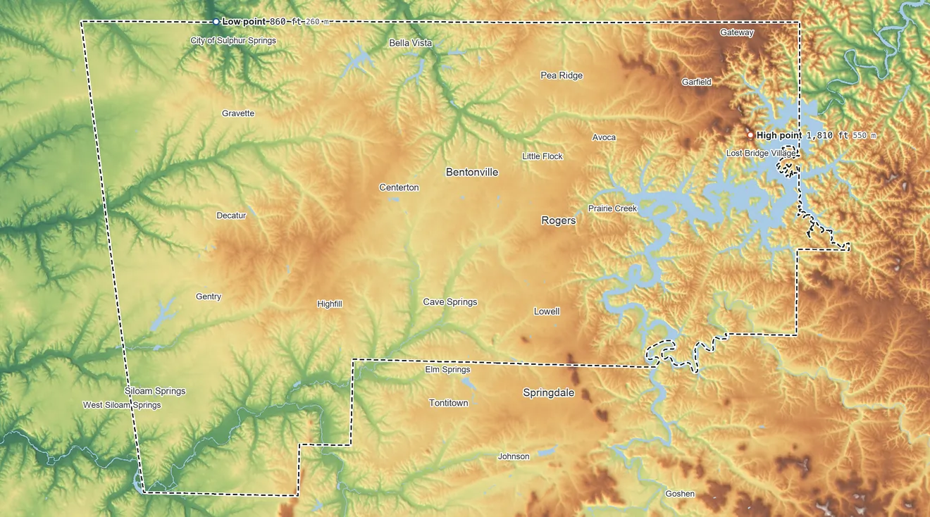 Topographic elevation map of Benton County, Arkansas, shaded from 860 ft on the northwest side to 1,810 ft on Whitney Mountain