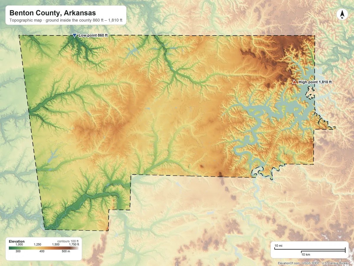 Topographic elevation map of Benton County, Arkansas, shaded from 860 ft on the northwest side to 1,810 ft on Whitney Mountain