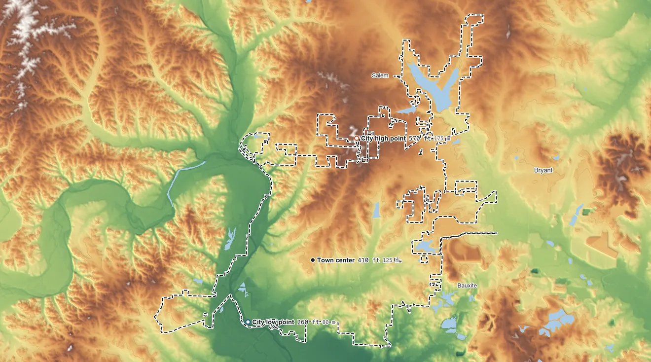 Topographic elevation map of Benton, Arkansas, shaded from 260 ft on the southwest side to 570 ft on the north side