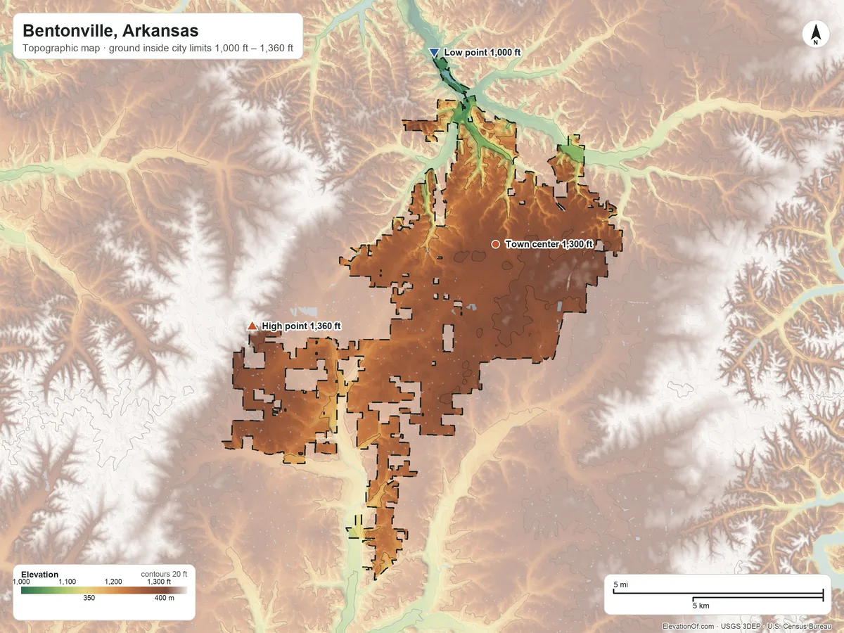 Topographic elevation map of Bentonville, Arkansas, shaded from 1,000 ft on the north side to 1,360 ft on the west side