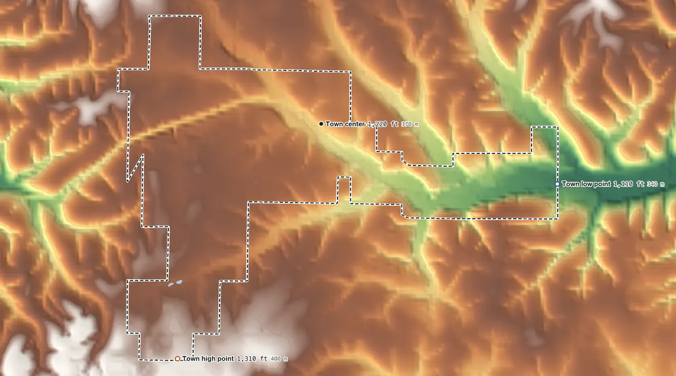 Topographic elevation map of Bergman, Arkansas, shaded from 1,110 ft on the east side to 1,310 ft on the southwest side