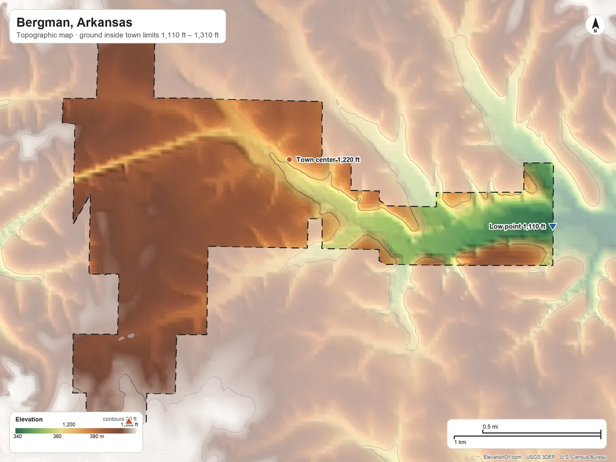 Topographic elevation map of Bergman, Arkansas, shaded from 1,110 ft on the east side to 1,310 ft on the southwest side