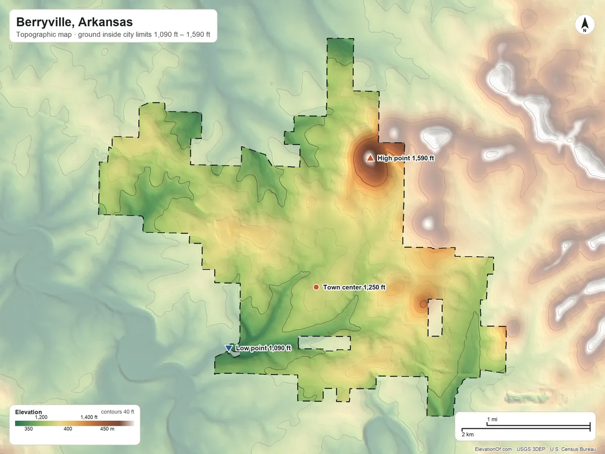 Topographic elevation map of Berryville, Arkansas, shaded from 1,090 ft on the southwest side to 1,590 ft on Saunders Heights