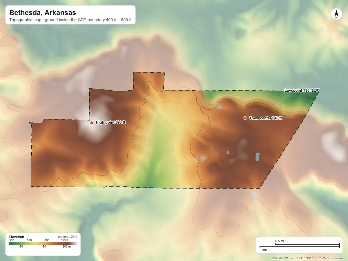 Topographic elevation map of Bethesda, Arkansas, shaded from 490 ft on the east side to 690 ft on the west side