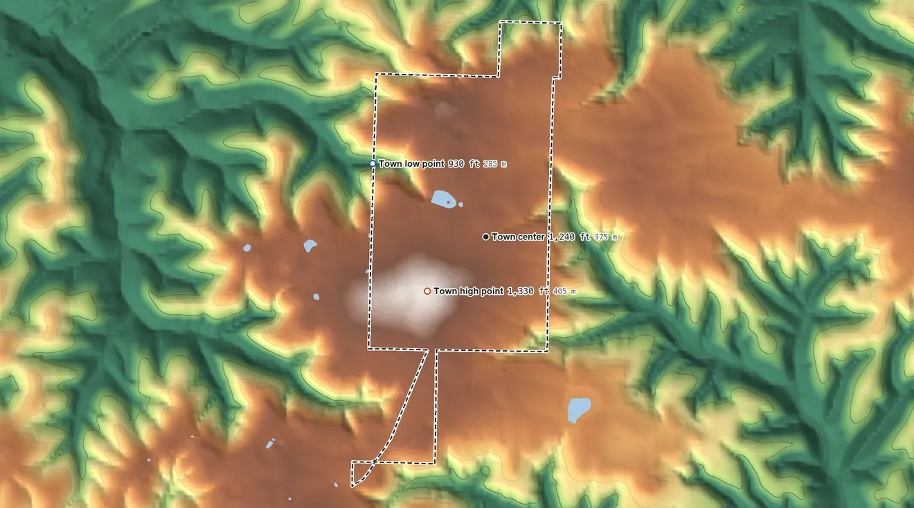 Topographic elevation map of Big Flat, Arkansas, shaded from 930 ft on the northwest side to 1,330 ft on the southwest side