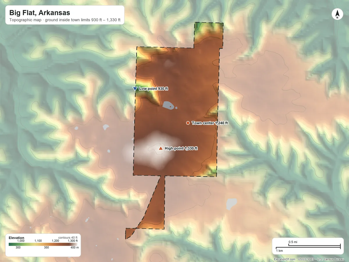 Topographic elevation map of Big Flat, Arkansas, shaded from 930 ft on the northwest side to 1,330 ft on the southwest side