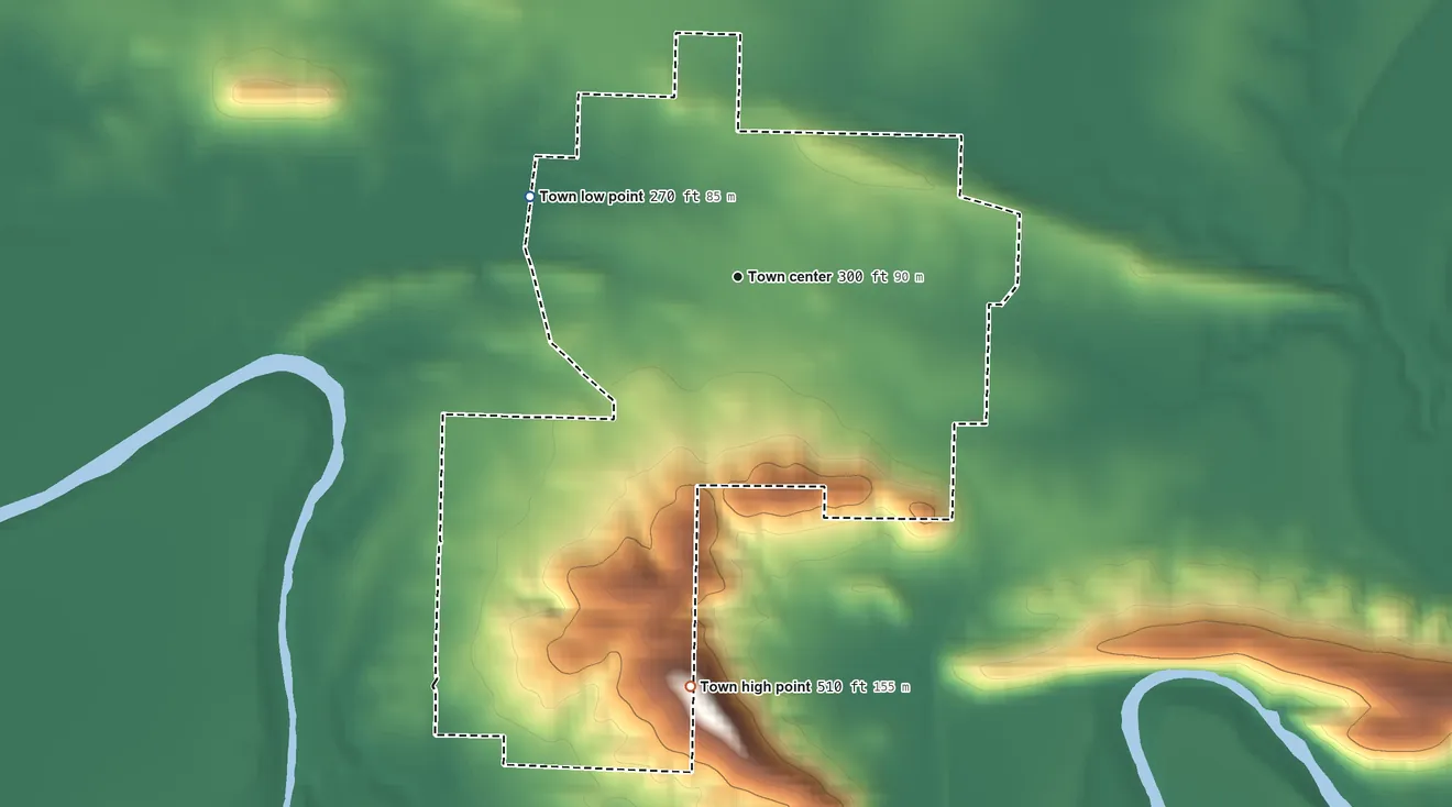 Topographic elevation map of Bigelow, Arkansas, shaded from 270 ft on the west side to 510 ft on the south side