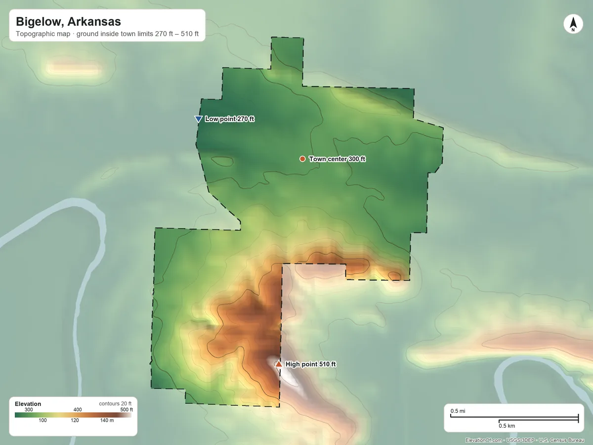Topographic elevation map of Bigelow, Arkansas, shaded from 270 ft on the west side to 510 ft on the south side
