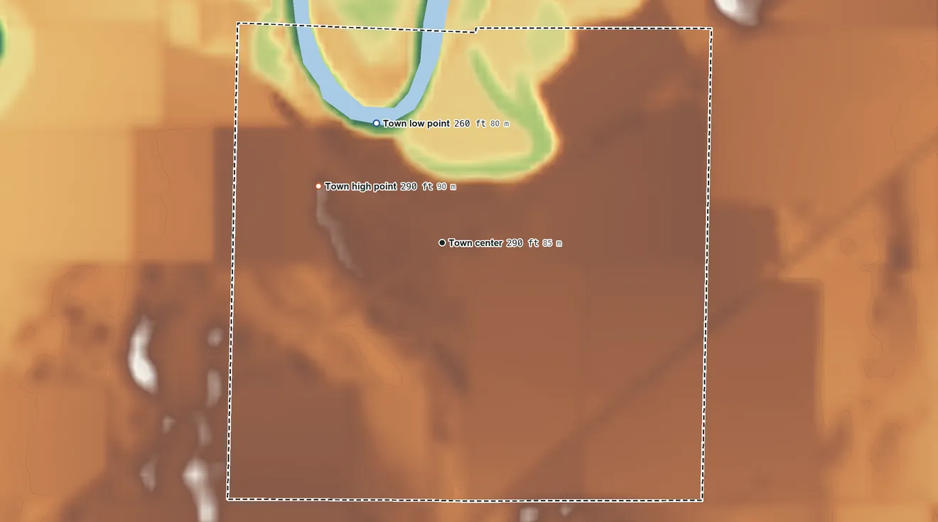 Topographic elevation map of Biggers, Arkansas, shaded from 260 ft on the northwest side to 290 ft on the northwest side