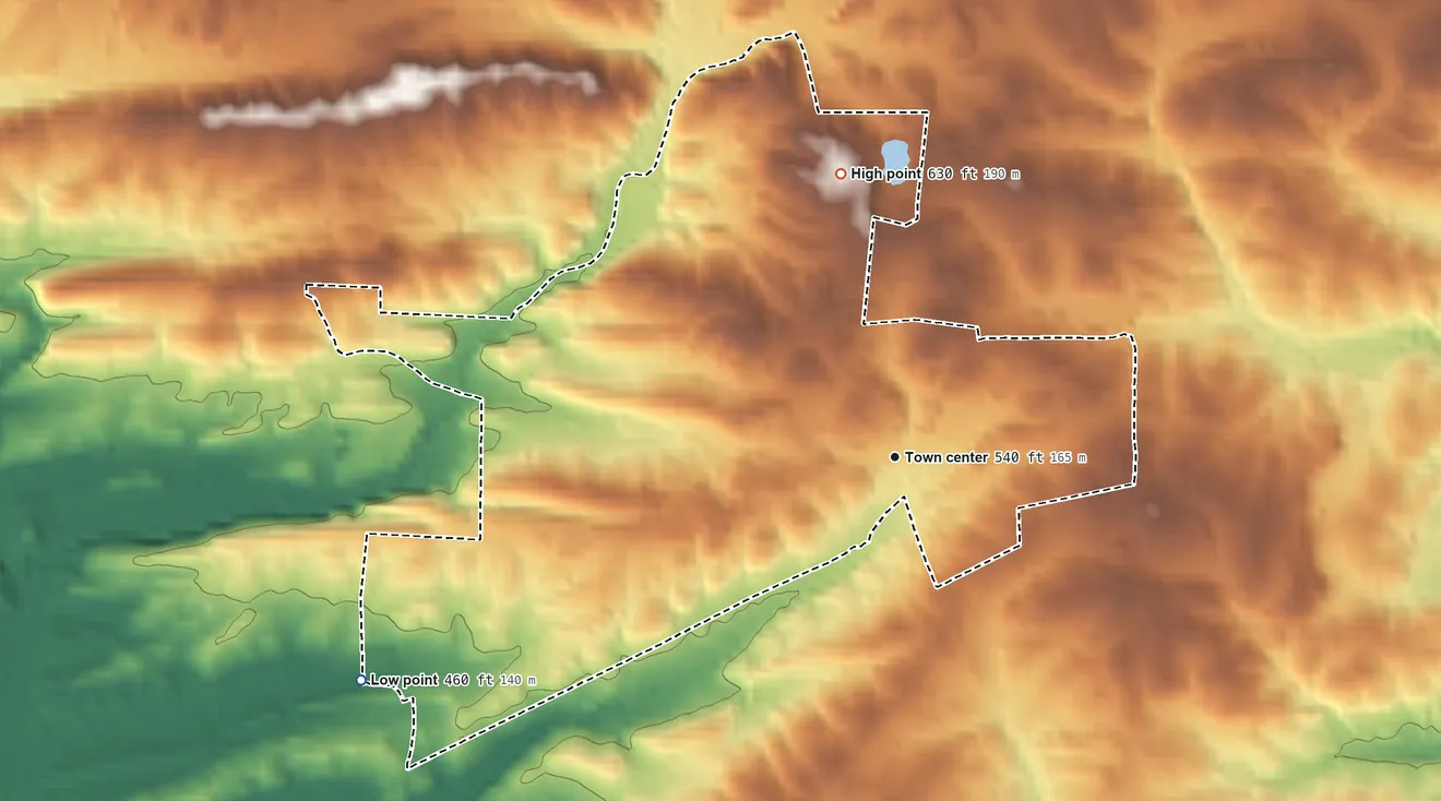 Topographic elevation map of Bismarck, Arkansas, shaded from 460 ft on the southwest side to 630 ft on the north edge, below higher ground just outside
