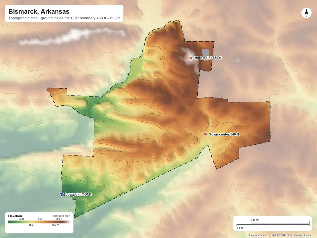 Topographic elevation map of Bismarck, Arkansas, shaded from 460 ft on the southwest side to 630 ft on the north edge, below higher ground just outside
