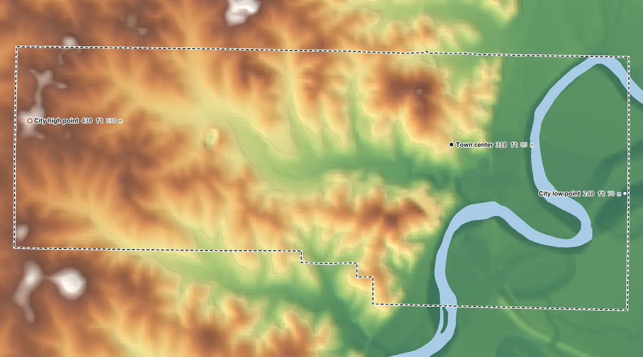 Topographic elevation map of Black Rock, Arkansas, shaded from 240 ft on the east side to 430 ft on the west side