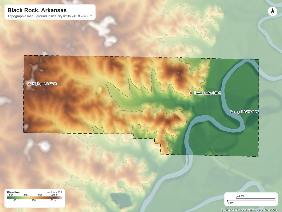 Topographic elevation map of Black Rock, Arkansas, shaded from 240 ft on the east side to 430 ft on the west side