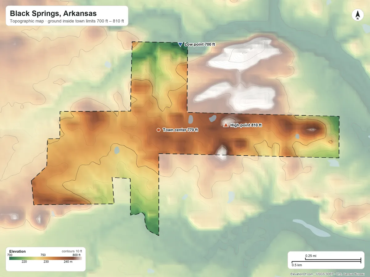 Topographic elevation map of Black Springs, Arkansas, shaded from 700 ft on the north side to 810 ft on the east side