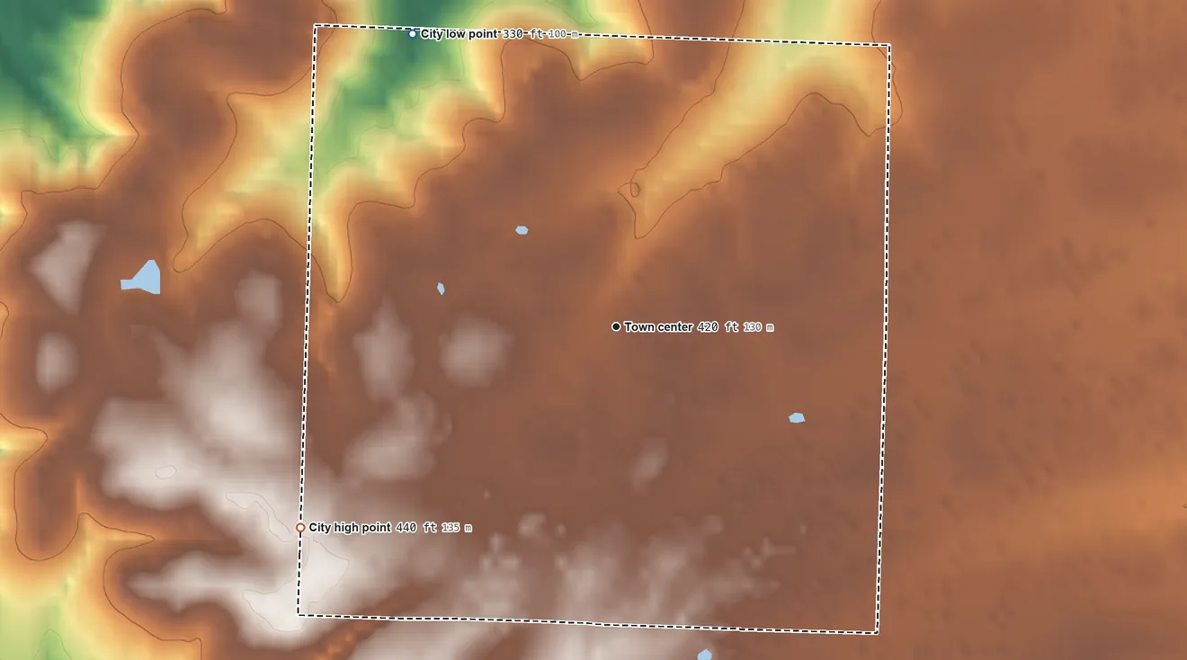 Topographic elevation map of Blevins, Arkansas, shaded from 330 ft on the northwest side to 440 ft on the southwest side