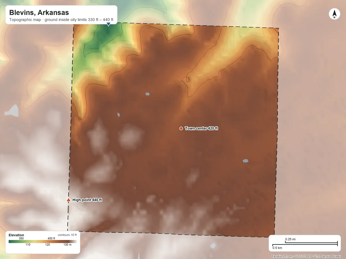 Topographic elevation map of Blevins, Arkansas, shaded from 330 ft on the northwest side to 440 ft on the southwest side