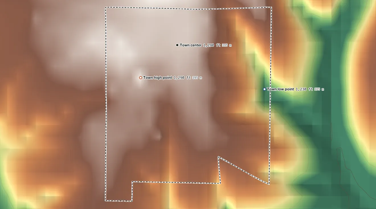 Topographic elevation map of Blue Eye, Arkansas, shaded from 1,230 ft on the southeast side to 1,290 ft on the southwest side