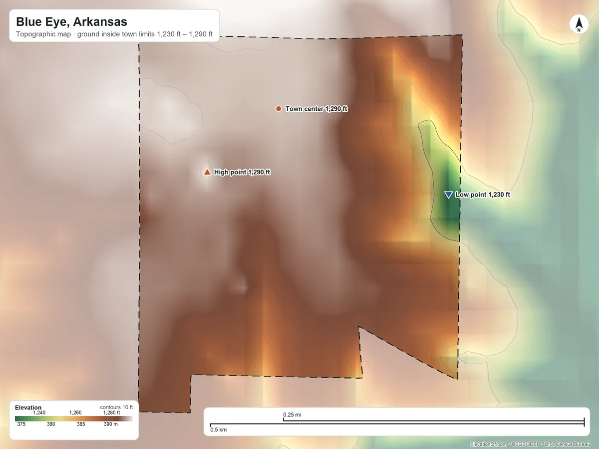 Topographic elevation map of Blue Eye, Arkansas, shaded from 1,230 ft on the southeast side to 1,290 ft on the southwest side