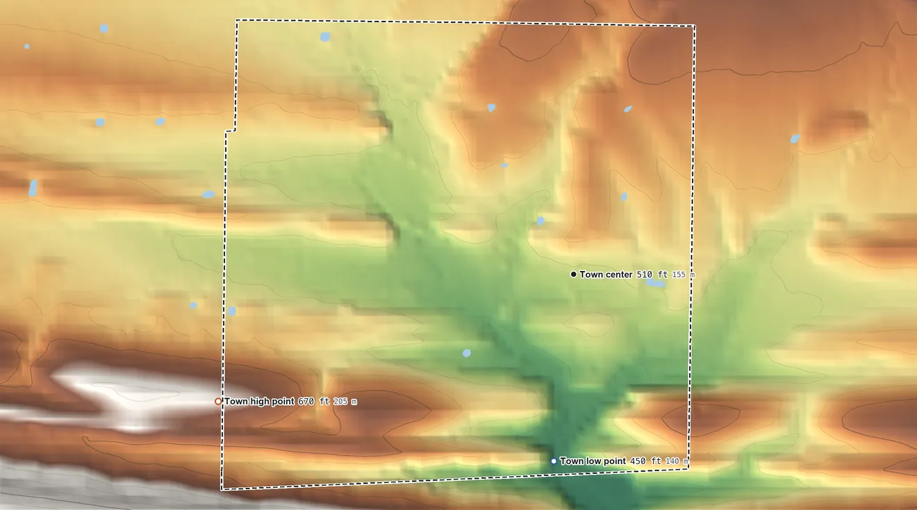 Topographic elevation map of Blue Mountain, Arkansas, shaded from 450 ft on the south side to 670 ft on the west side