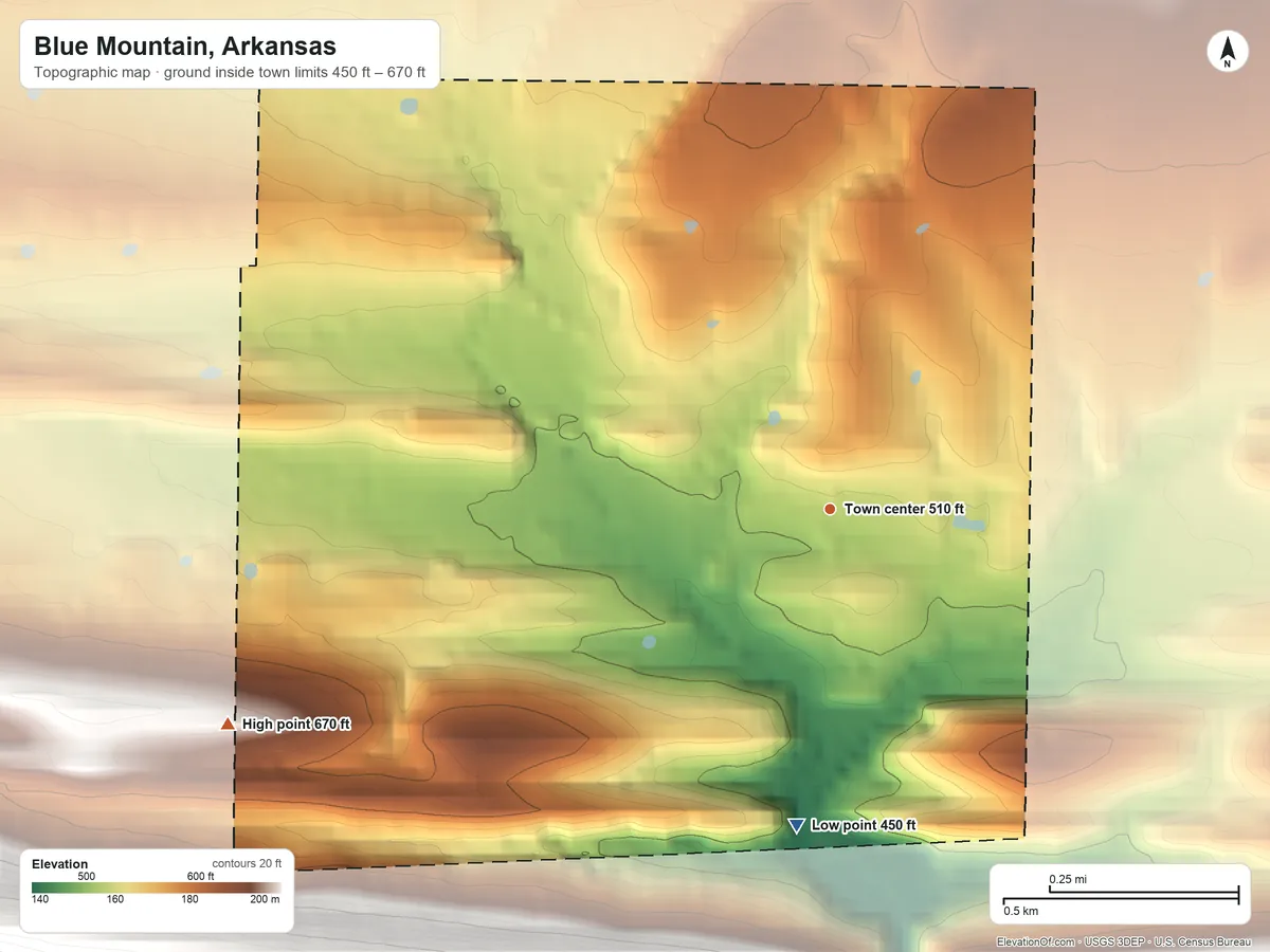 Topographic elevation map of Blue Mountain, Arkansas, shaded from 450 ft on the south side to 670 ft on the west side