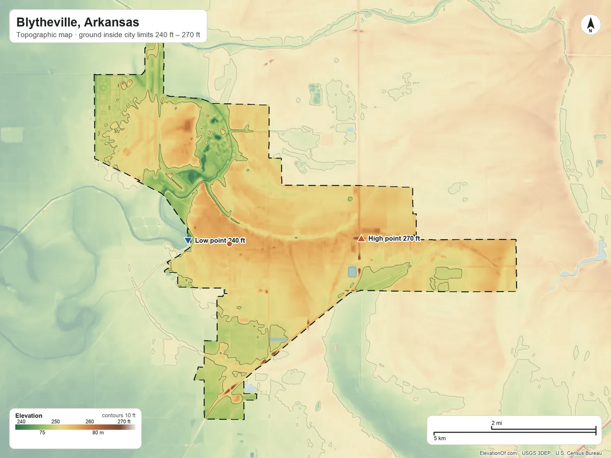 Topographic elevation map of Blytheville, Arkansas, shaded from 240 ft near the middle to 270 ft on the east side