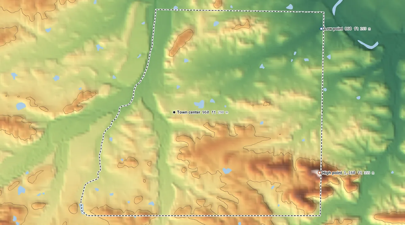 Topographic elevation map of Board Camp, Arkansas, shaded from 860 ft on the northeast side to 1,160 ft on the southeast side