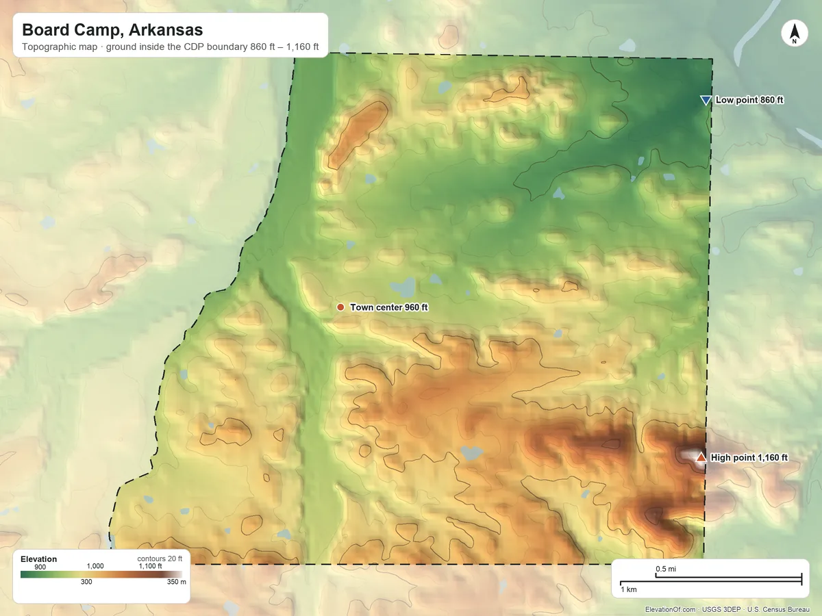 Topographic elevation map of Board Camp, Arkansas, shaded from 860 ft on the northeast side to 1,160 ft on the southeast side