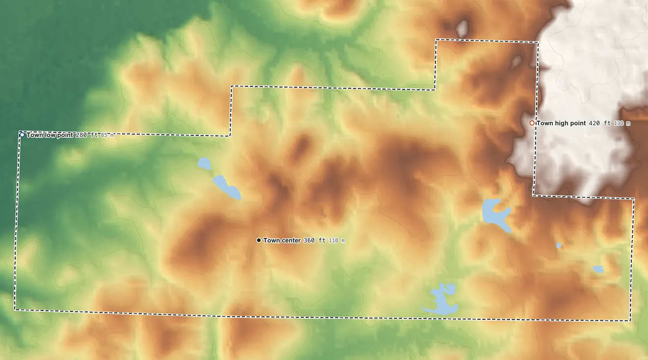Topographic elevation map of Bodcaw, Arkansas, shaded from 280 ft on the northwest side to 420 ft on the northeast side
