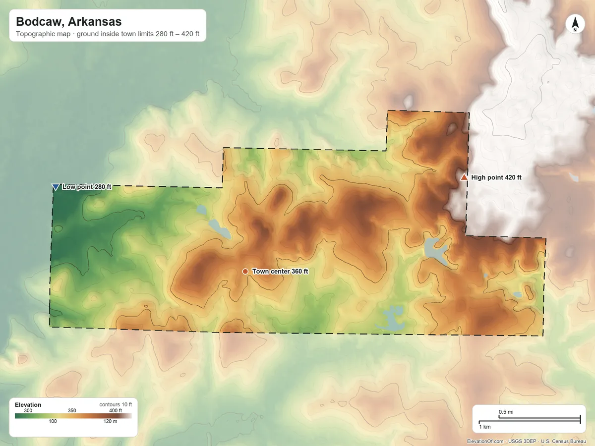 Topographic elevation map of Bodcaw, Arkansas, shaded from 280 ft on the northwest side to 420 ft on the northeast side