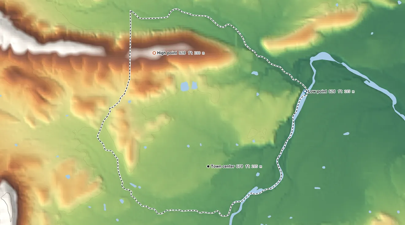 Topographic elevation map of Boles, Arkansas, shaded from 620 ft on the northeast side to 920 ft on the northwest side