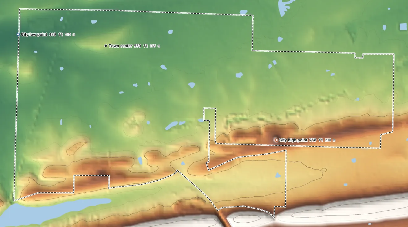 Topographic elevation map of Bonanza, Arkansas, shaded from 480 ft on the west side to 750 ft on the southeast side