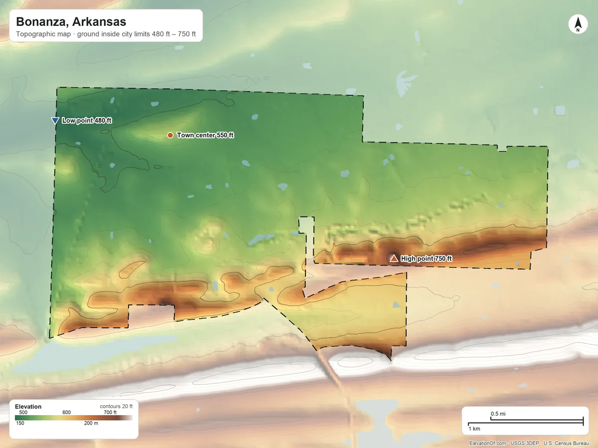 Topographic elevation map of Bonanza, Arkansas, shaded from 480 ft on the west side to 750 ft on the southeast side