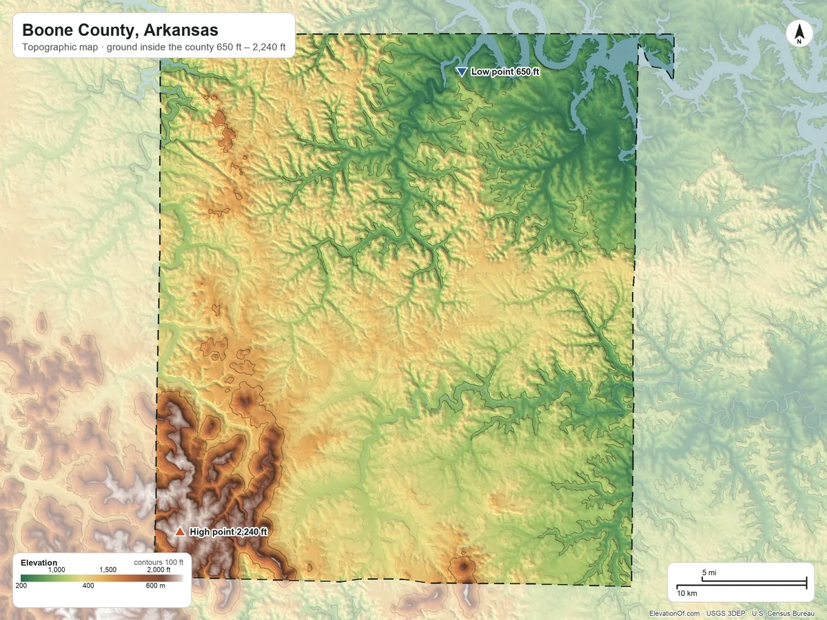 Topographic elevation map of Boone County, Arkansas, shaded from 650 ft on the north side to 2,240 ft on the southwest side