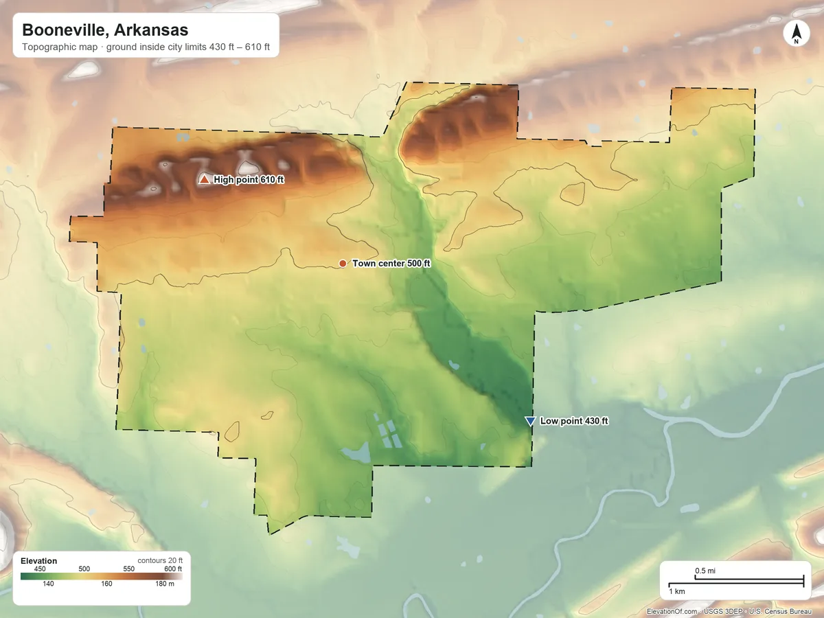 Topographic elevation map of Booneville, Arkansas, shaded from 430 ft on the southeast side to 610 ft on the northwest side