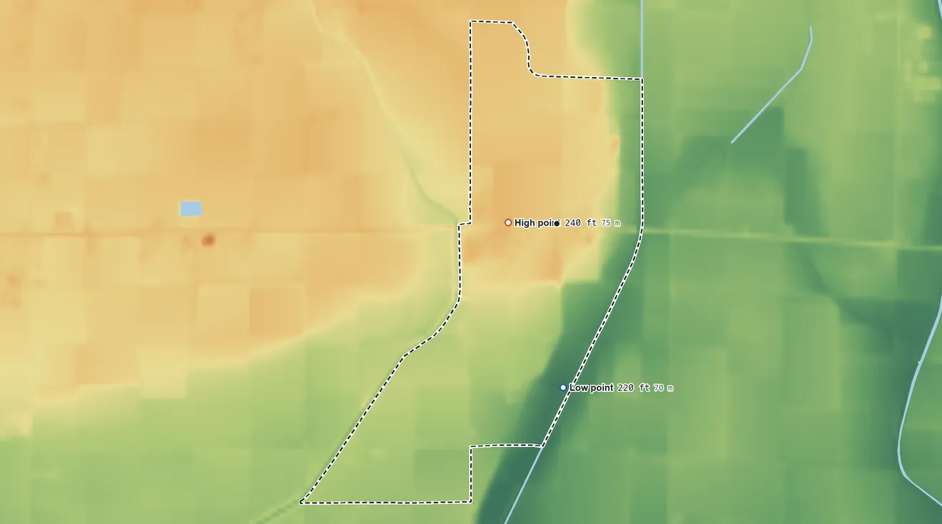 Topographic elevation map of Bowman, Arkansas, shaded from 220 ft on the south side to 240 ft near the middle