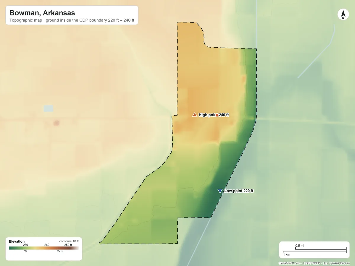 Topographic elevation map of Bowman, Arkansas, shaded from 220 ft on the south side to 240 ft near the middle