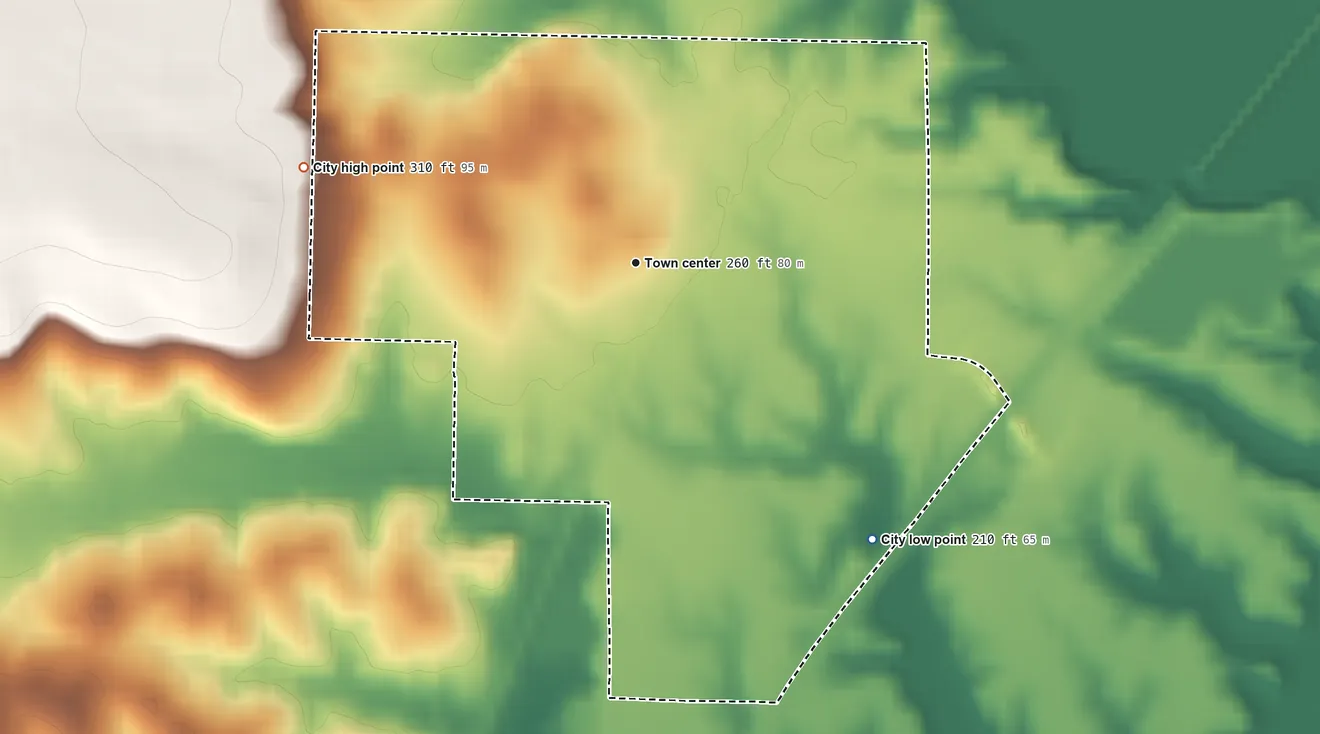 Topographic elevation map of Bradford, Arkansas, shaded from 210 ft on the southeast side to 310 ft on the west side