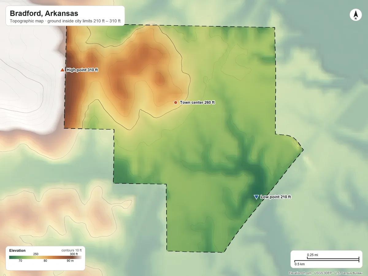 Topographic elevation map of Bradford, Arkansas, shaded from 210 ft on the southeast side to 310 ft on the west side