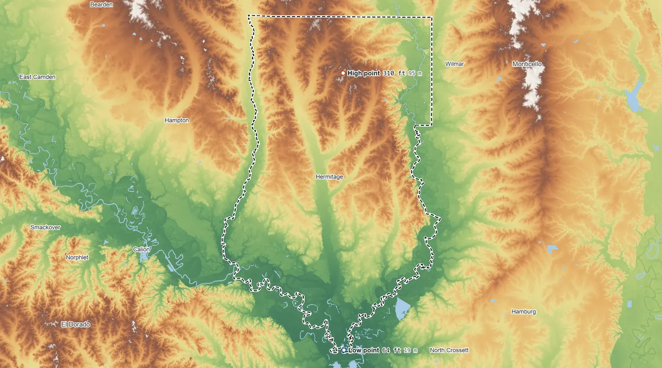 Topographic elevation map of Bradley County, Arkansas, shaded from 64 ft on the south side to 310 ft on the north side