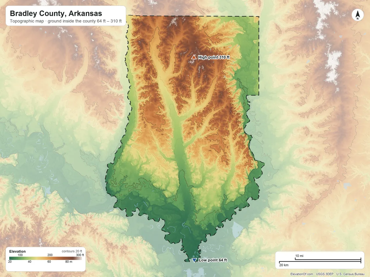 Topographic elevation map of Bradley County, Arkansas, shaded from 64 ft on the south side to 310 ft on the north side