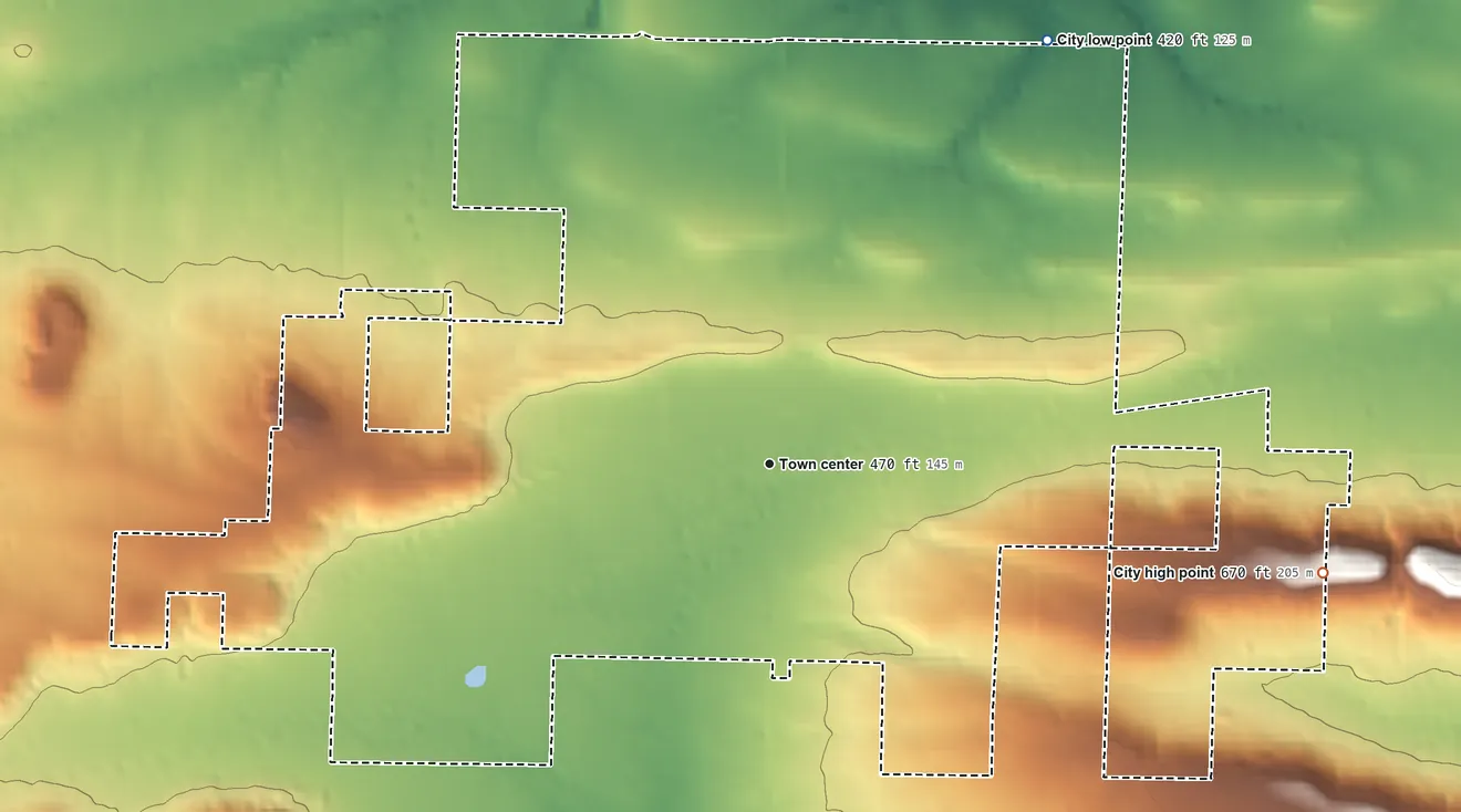 Topographic elevation map of Branch, Arkansas, shaded from 420 ft on the northeast side to 670 ft on the east side