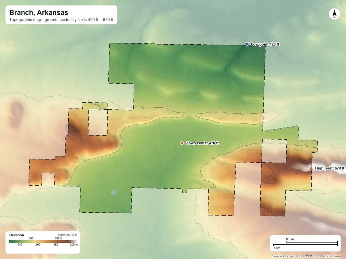 Topographic elevation map of Branch, Arkansas, shaded from 420 ft on the northeast side to 670 ft on the east side