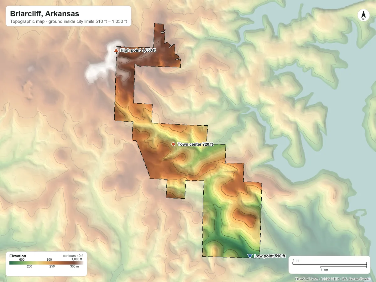 Topographic elevation map of Briarcliff, Arkansas, shaded from 510 ft on the southeast side to 1,050 ft on the northwest side