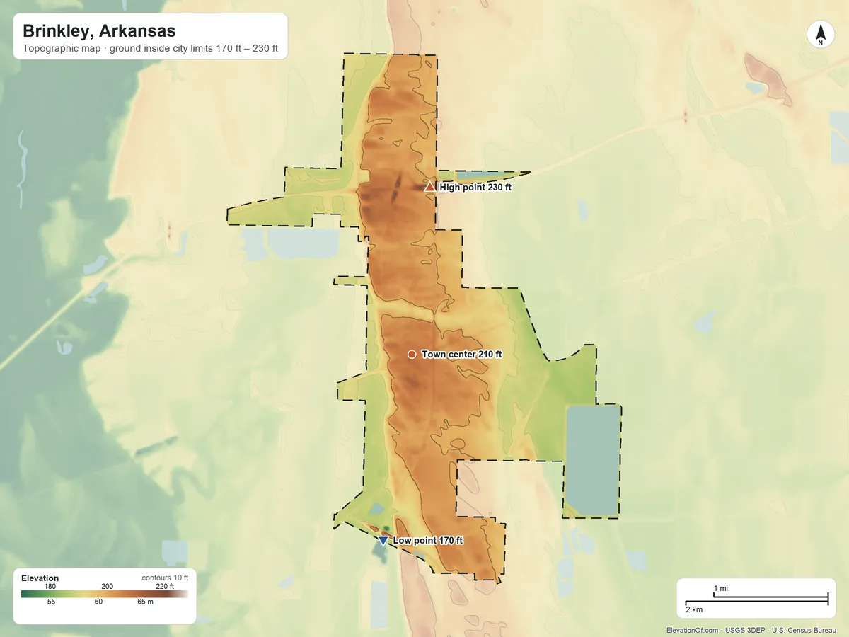 Topographic elevation map of Brinkley, Arkansas, shaded from 170 ft on the south side to 230 ft on the north side