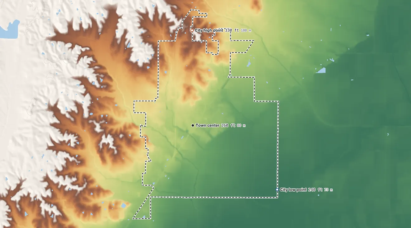 Topographic elevation map of Brookland, Arkansas, shaded from 240 ft on the southeast side to 330 ft on the north side