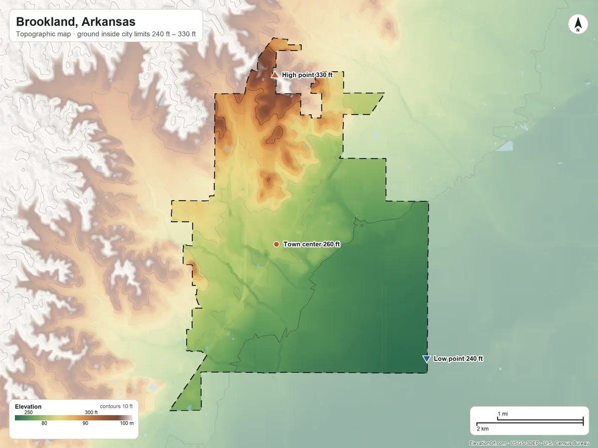 Topographic elevation map of Brookland, Arkansas, shaded from 240 ft on the southeast side to 330 ft on the north side