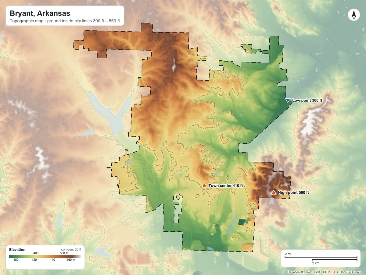 Topographic elevation map of Bryant, Arkansas, shaded from 300 ft on the northeast side to 560 ft on the east side